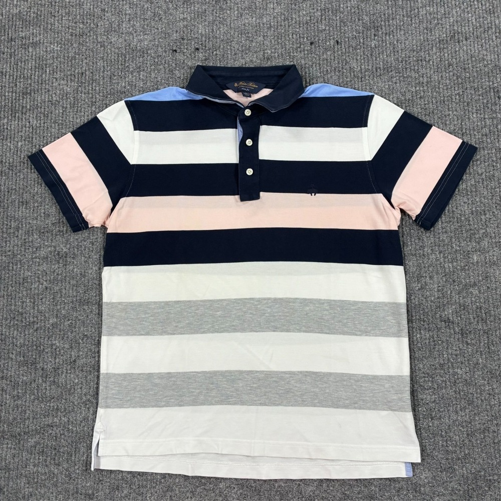 Brooks Brothers Supima Cotton Polo Shirt Mens Size L Slim Fit Striped Navy Pink